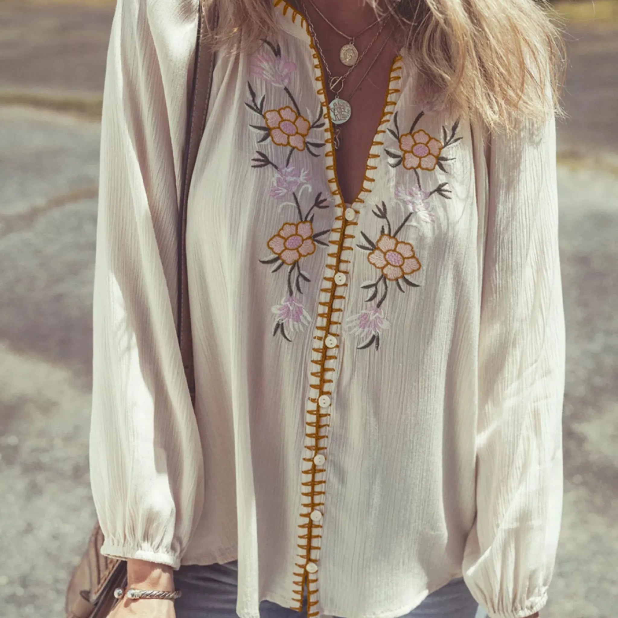 Floral Embroidered Boho Blouse - Long Sleeve Textured Shirt