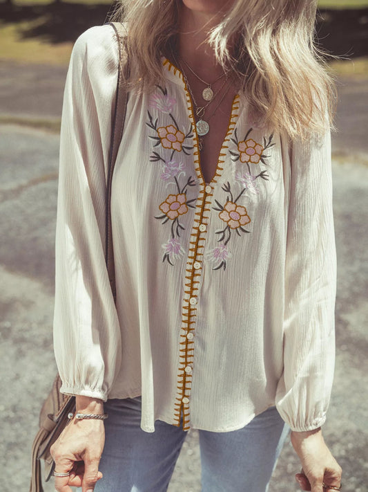 Floral Embroidered Textured Puff Sleeve Loose Shirt - minbolu -