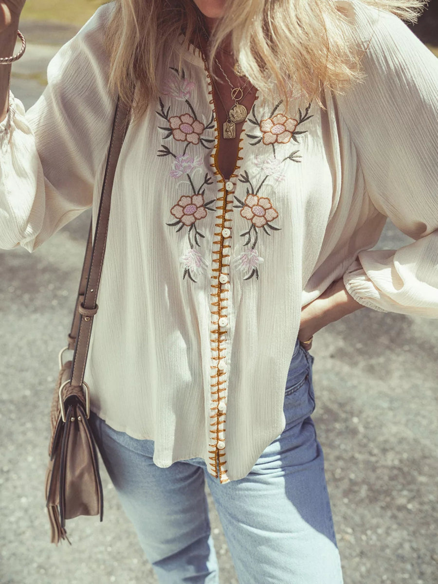 Floral Embroidered Textured Puff Sleeve Loose Shirt - minbolu -