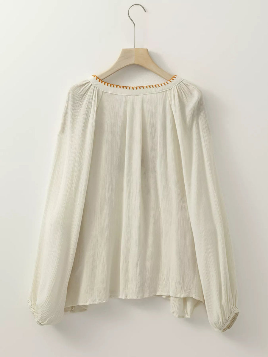 Floral Embroidered Textured Puff Sleeve Loose Shirt - minbolu -