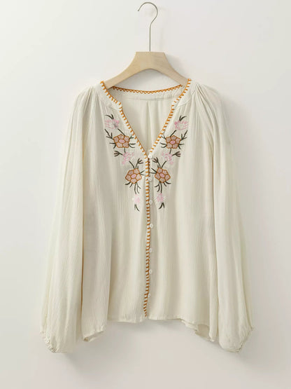 Floral Embroidered Textured Puff Sleeve Loose Shirt - minbolu -