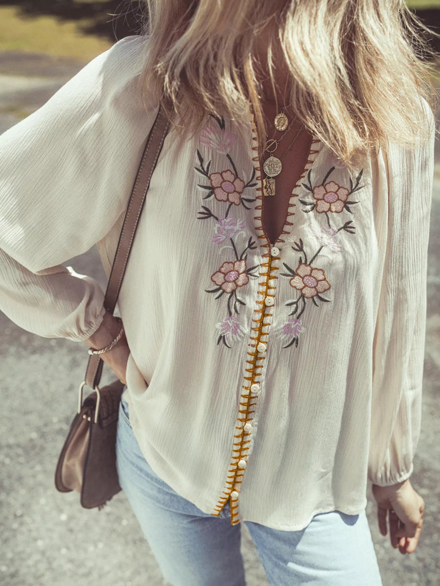 Floral Embroidered Textured Puff Sleeve Loose Shirt - minbolu -