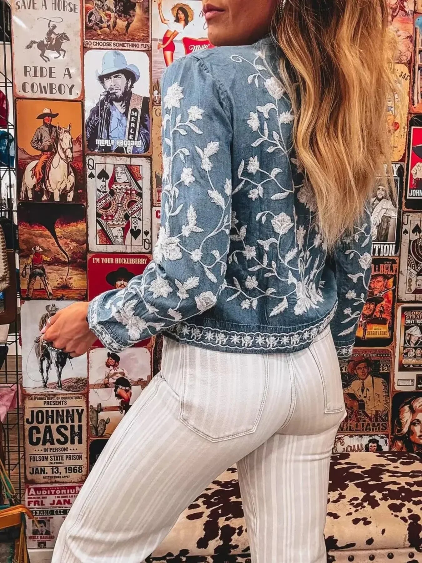 Floral Embroidered Button Up Denim Shirt - minbolu -