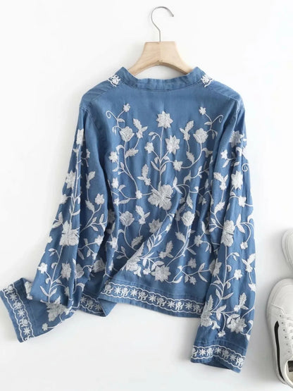 Floral Embroidered Button Up Denim Shirt - minbolu -