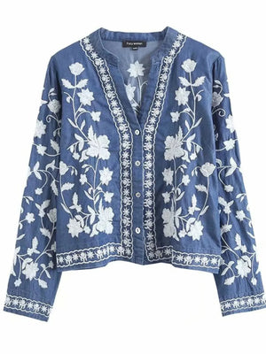 Floral Embroidered Button Up Denim Shirt - minbolu -