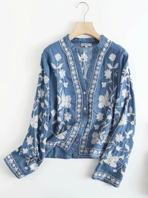 Floral Embroidered Button Up Denim Shirt - minbolu -
