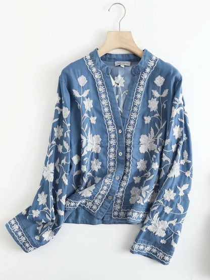Floral Embroidered Button Up Denim Shirt - minbolu -