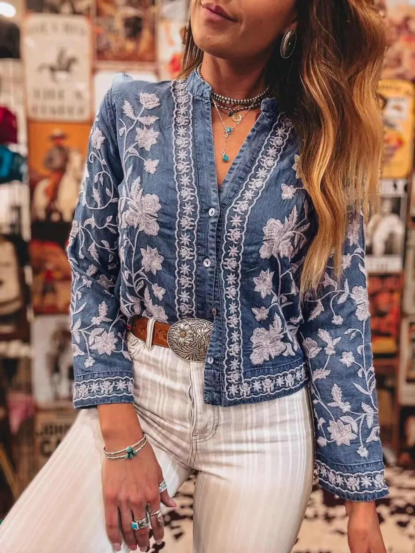 Floral Embroidered Button Up Denim Shirt - minbolu -