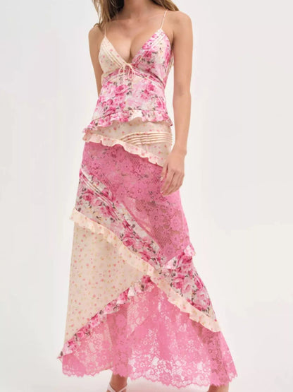 Floral Lace Boho Maxi Dress - V-Neck Ruffled Long Dress - minbolu -