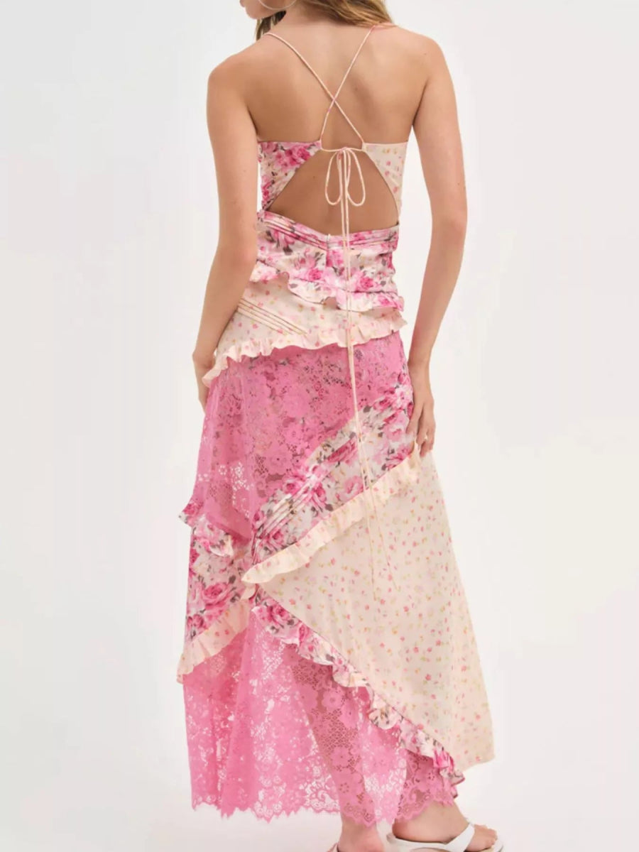 Floral Lace Boho Maxi Dress - V-Neck Ruffled Long Dress - minbolu -