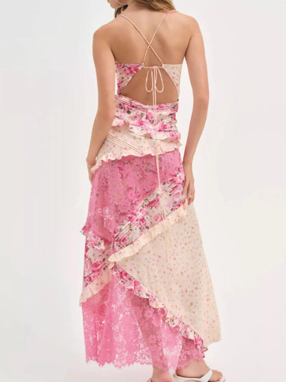 Floral Lace Boho Maxi Dress - V-Neck Ruffled Long Dress - minbolu -