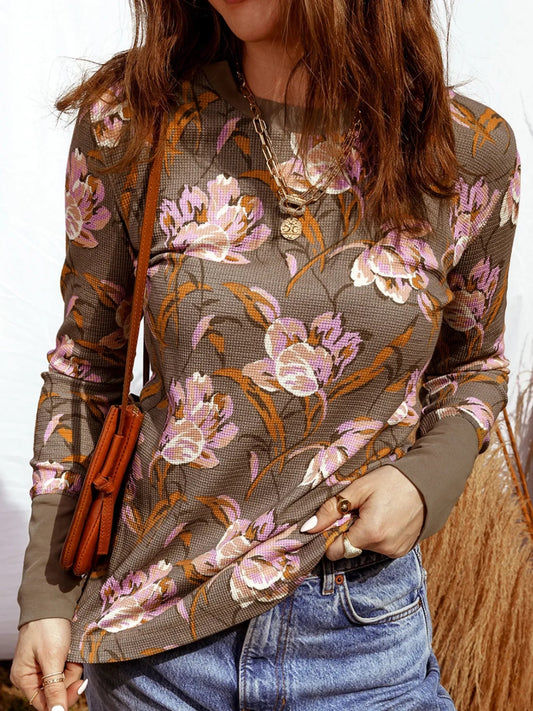 Floral Print Waffle Textured Long Sleeve Top - minbolu -