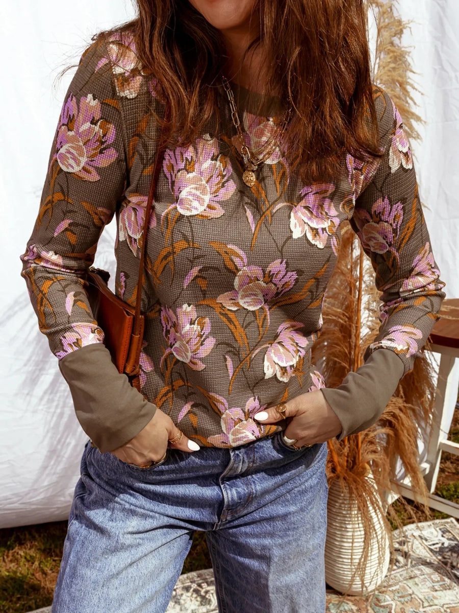 Floral Print Waffle Textured Long Sleeve Top - minbolu -