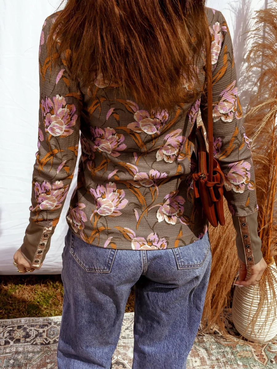 Floral Print Waffle Textured Long Sleeve Top - minbolu -