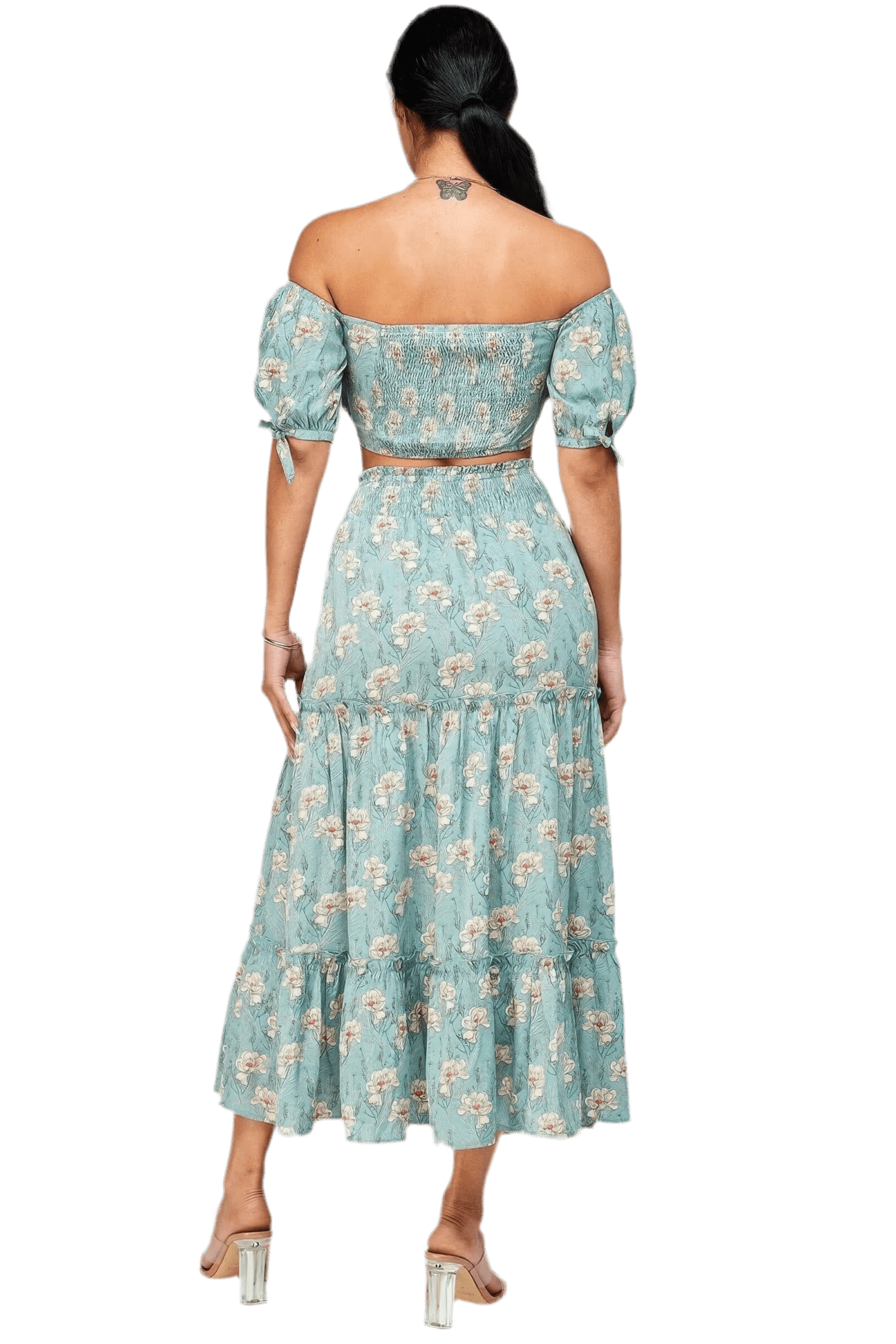 Floral Off Shoulder Top Skirt Set - Mint - minbolu -