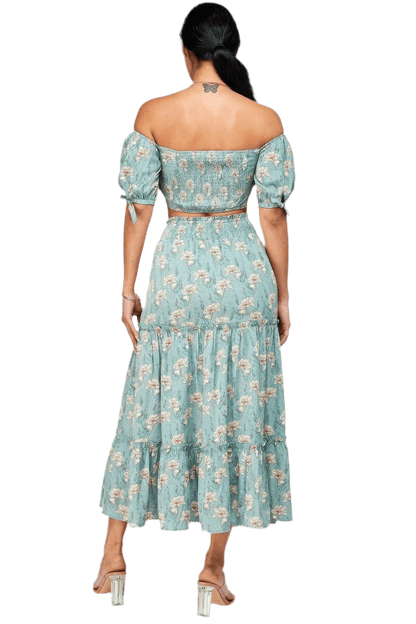Floral Off Shoulder Top Skirt Set - Mint - minbolu -