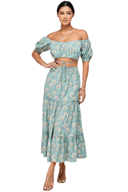 Floral Off Shoulder Top Skirt Set - Mint - minbolu