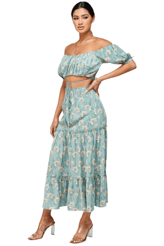 Floral Off Shoulder Top Skirt Set - Mint - minbolu -