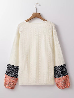 Floral Patchwork Textured Knit Drawstring V Neck Blouse - minbolu -