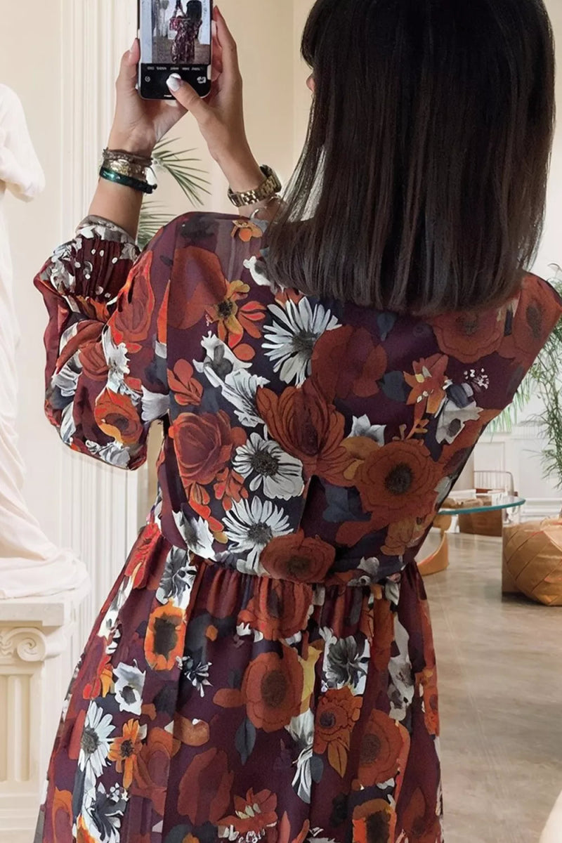 Floral Print Balloon Sleeve Mini Dress - Boho Chic Short Dress - minbolu -