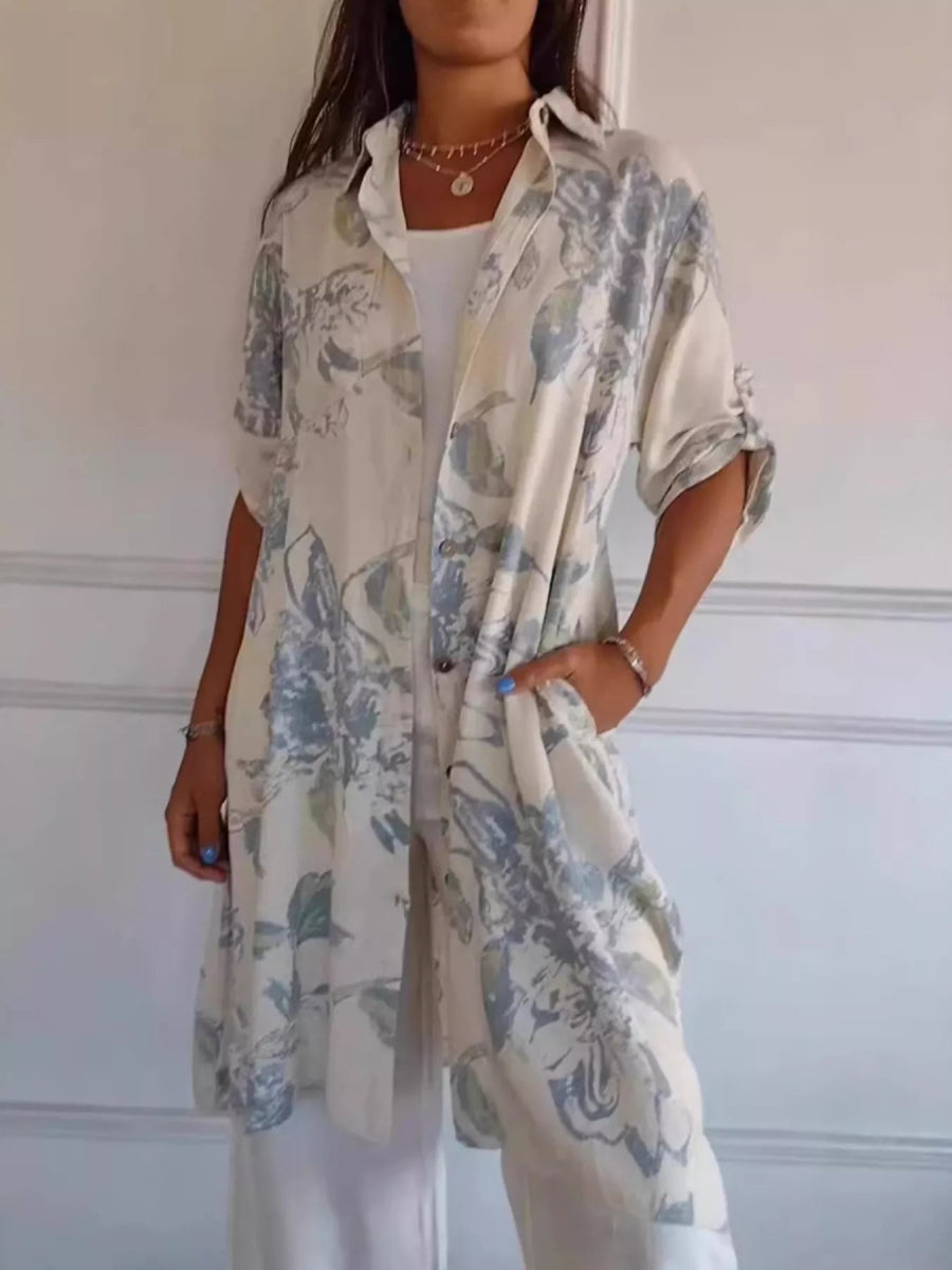 Floral Print Button-Up Shirt Dress with Pockets - Midi Length - minbolu -