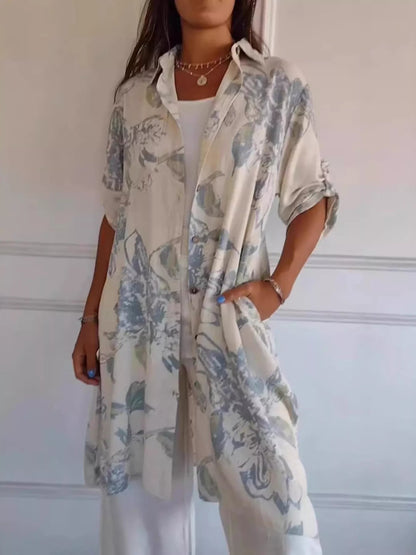 Floral Print Button-Up Shirt Dress with Pockets - Midi Length - minbolu -