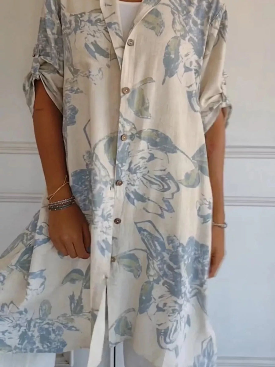 Floral Print Button-Up Shirt Dress with Pockets - Midi Length - minbolu -