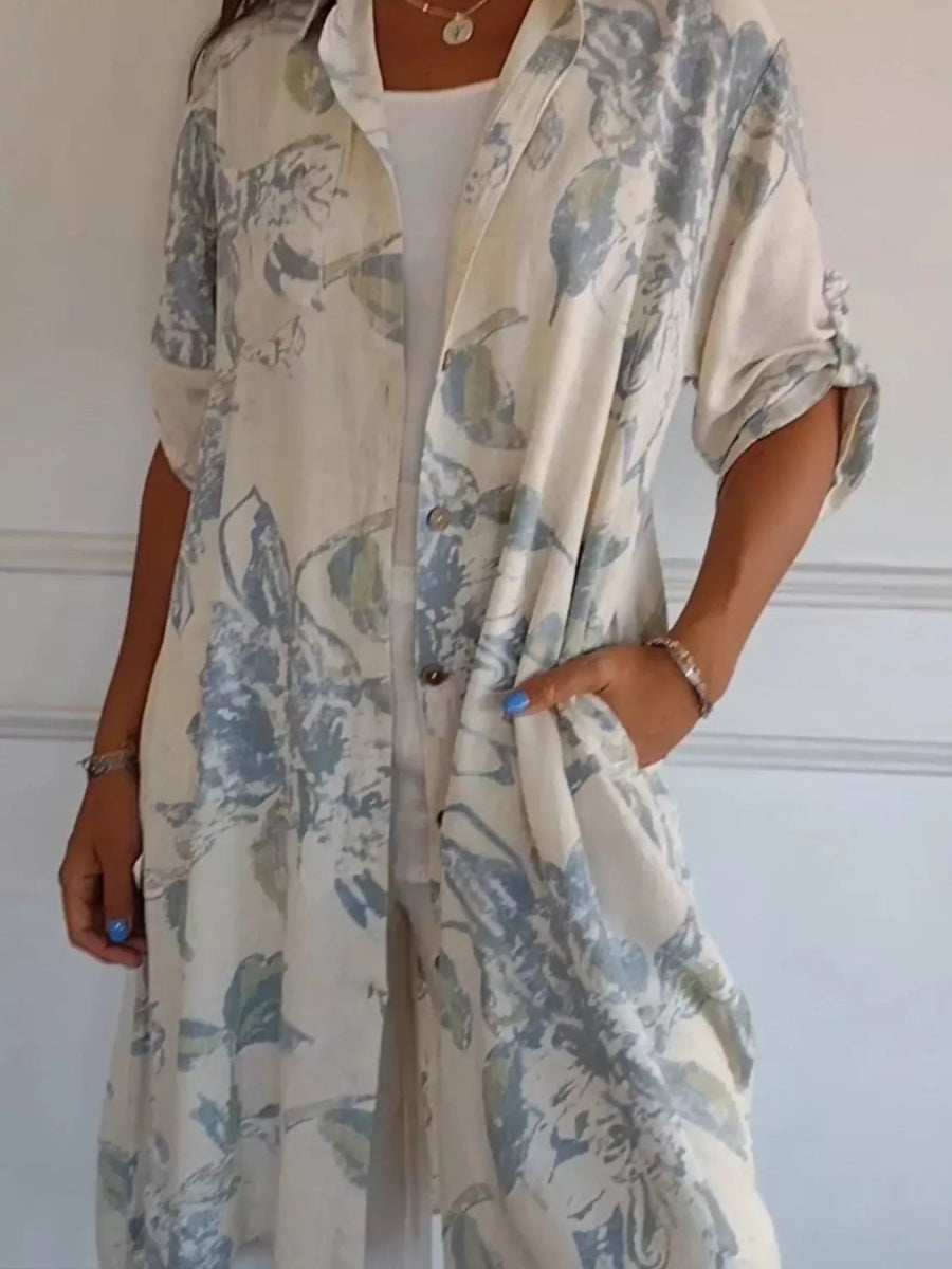 Floral Print Button-Up Shirt Dress with Pockets - Midi Length - minbolu -