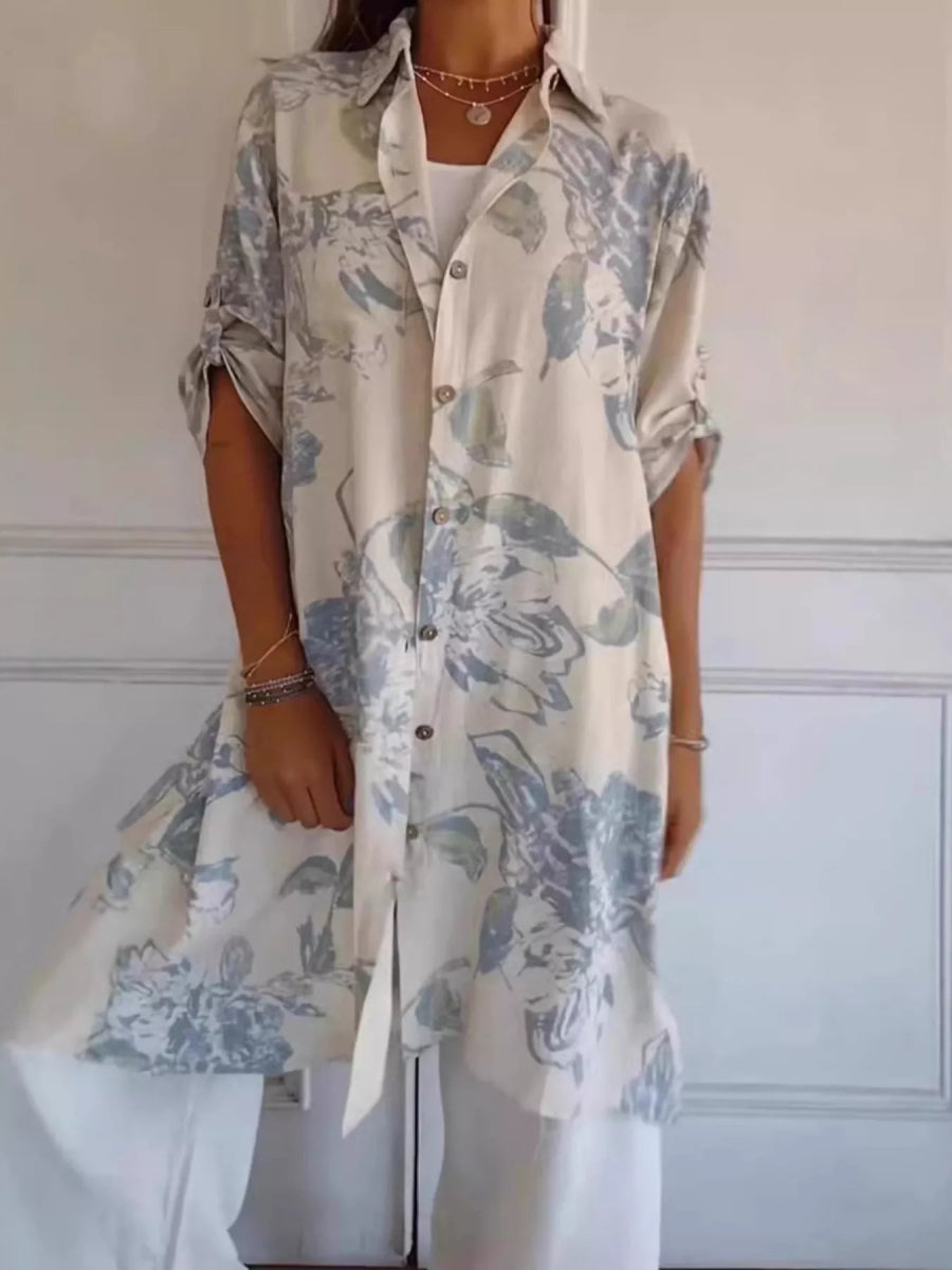 Floral Print Button-Up Shirt Dress with Pockets - Midi Length - minbolu -