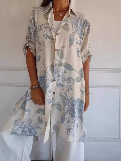 Floral Print Button-Up Shirt Dress with Pockets - Midi Length - minbolu -