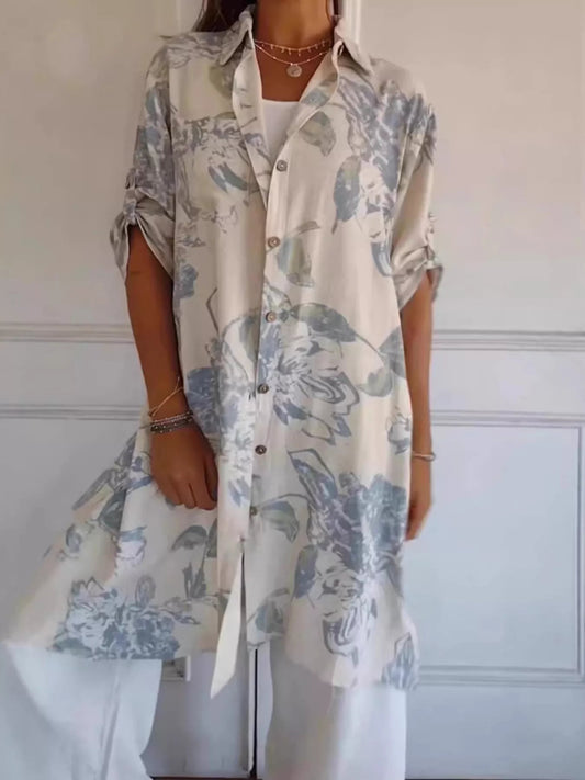 Floral Print Button-Up Shirt Dress with Pockets - Midi Length - minbolu -