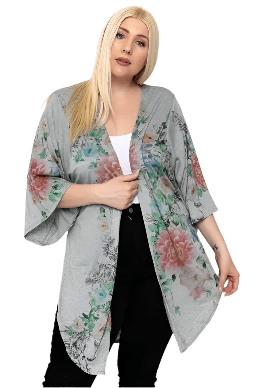 Floral Print Long Body Cardigan - Grey/Floral - minbolu
