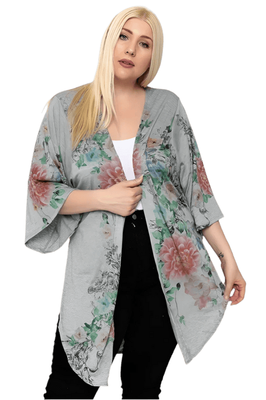 Floral Print Long Body Cardigan - Grey/Floral - minbolu
