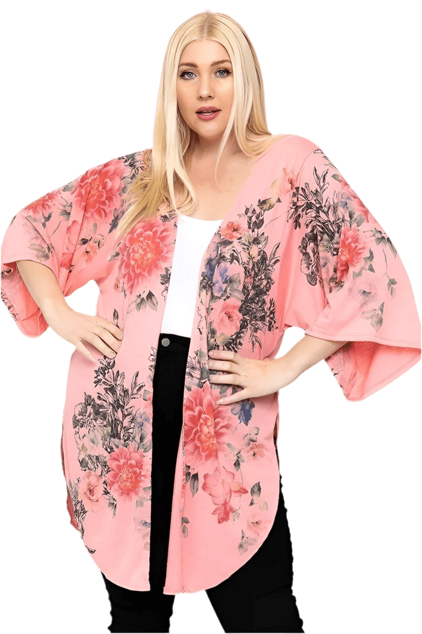 Floral Print Long Cardigan, Coral/Floral, Made in U.S.A - minbolu -