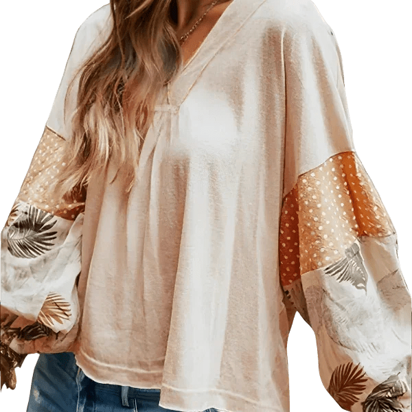 Floral Print Long Sleeve V - Neck Blouse - minbolu