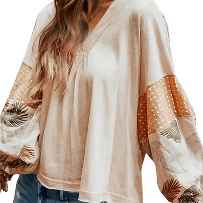Floral Print Long Sleeve V - Neck Blouse - minbolu