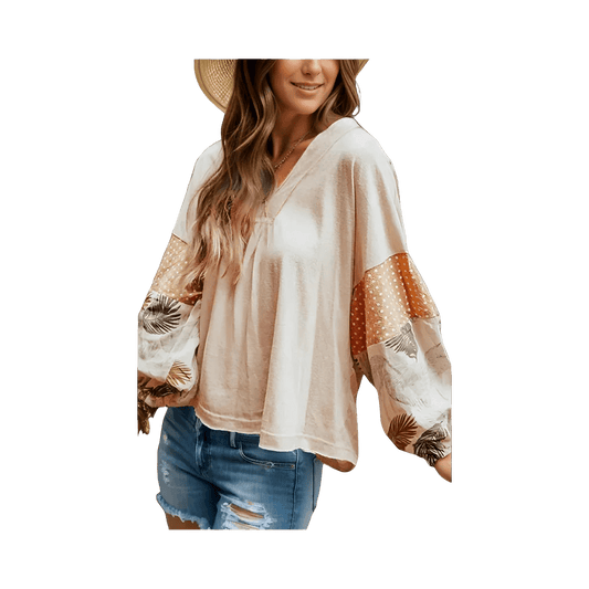 Floral Print Long Sleeve V - Neck Blouse - minbolu