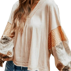 Floral Print Long Sleeve V-Neck Blouse - minbolu -