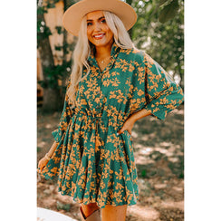 Green Floral Print Drawstring Flowy Short Dress