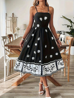 Floral Print Spaghetti Strap Midi Dress - minbolu -