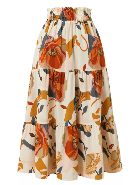 Full Size Floral Print Tiered Skirt Plus Size - minbolu -
