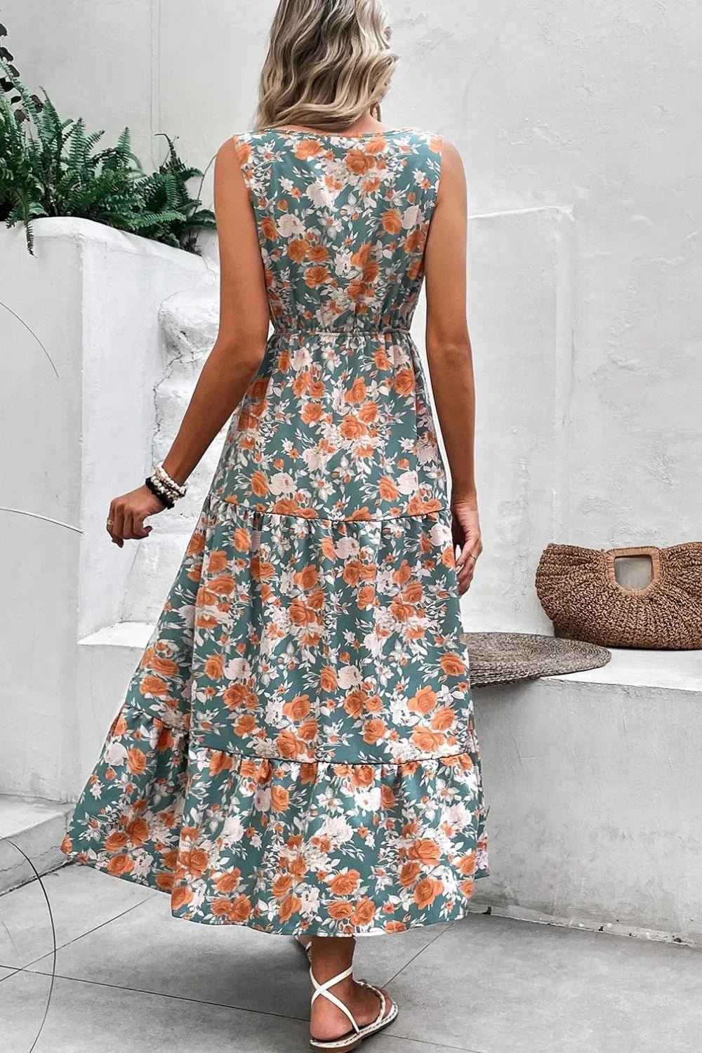 Floral Print Trimmed V Neck Tie Waist Sleeveless Dress - minbolu -