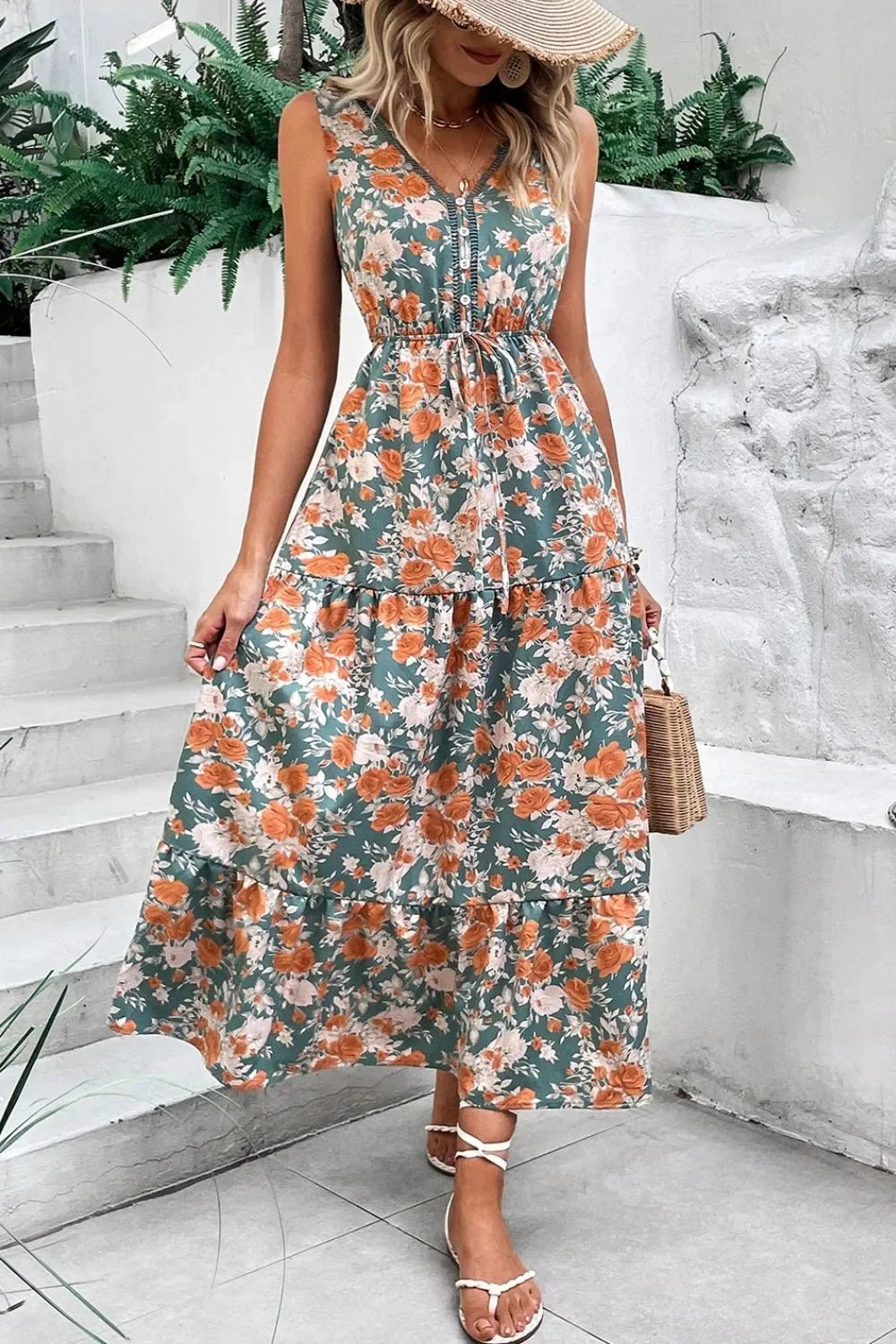 Floral Print Trimmed V Neck Tie Waist Sleeveless Dress - minbolu -