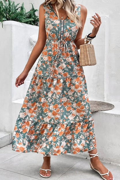 Floral Print Trimmed V Neck Tie Waist Sleeveless Dress - minbolu