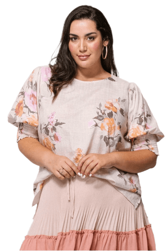 Floral Printed Woven Blouse in Oatmeal - minbolu