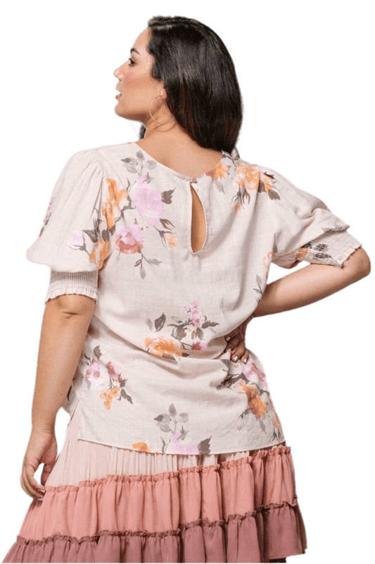 Floral Printed Woven Blouse in Oatmeal - minbolu -