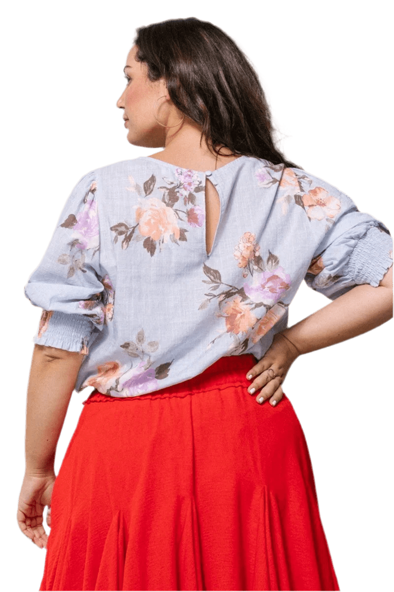 Floral Printed Woven Blouse - Spring Blue | Plus Size Women's Fashion - minbolu