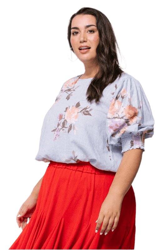 Floral Printed Woven Blouse - Spring Blue | Plus Size Women's Fashion - minbolu -