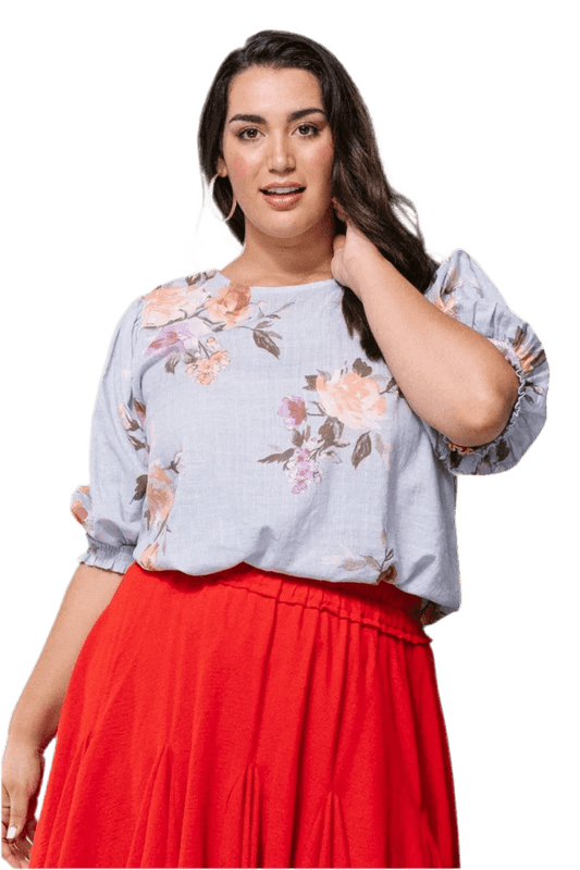 Floral Printed Woven Blouse - Spring Blue | Plus Size Women's Fashion - minbolu