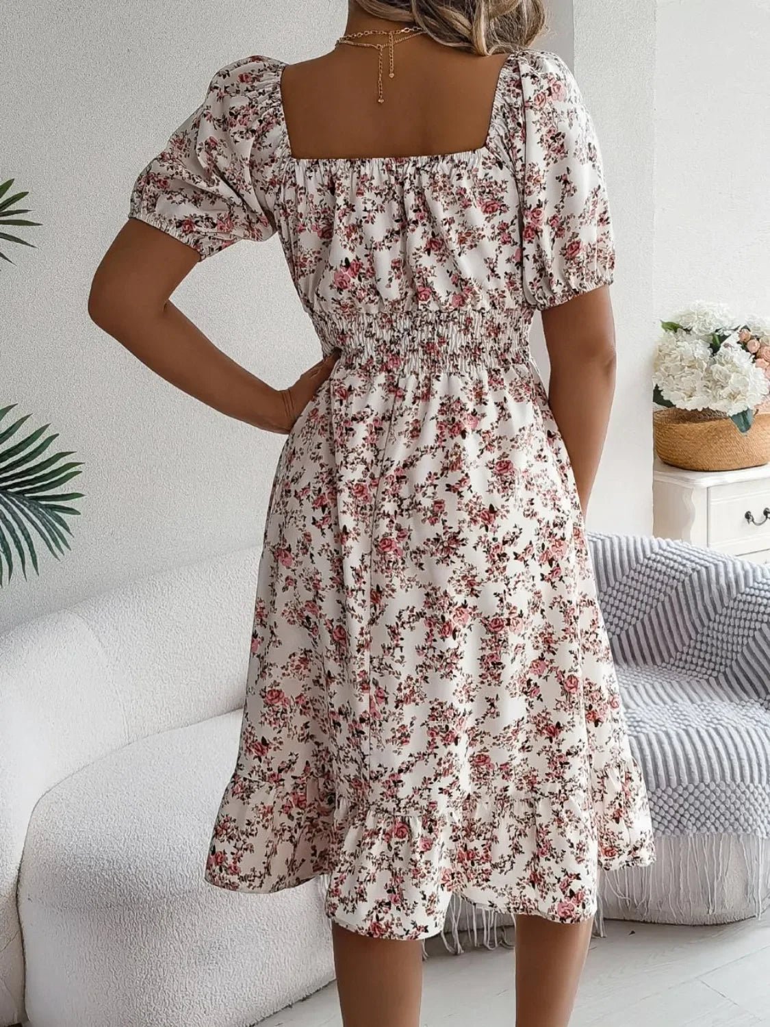 Floral Puff Sleeve Ruffled Hem Boho Dress - minbolu